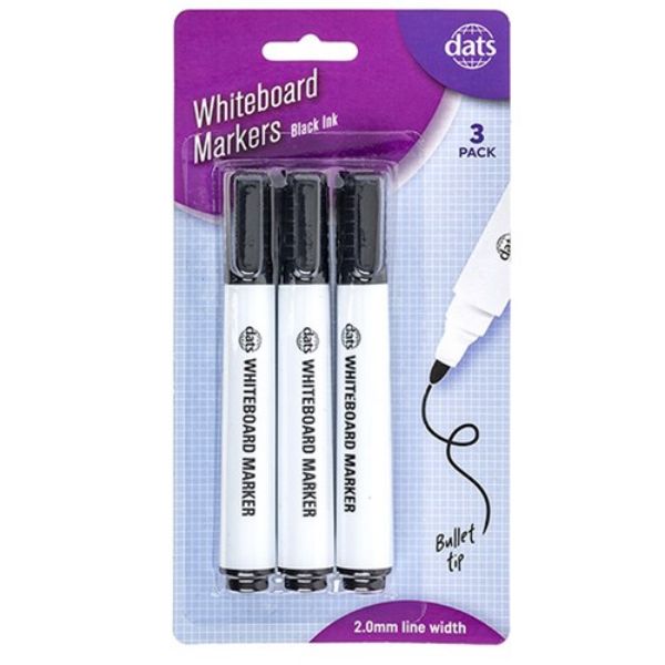 Picture of Dats Whiteboard Markers, 2mm Bullet Tip, Black, 3-Pack