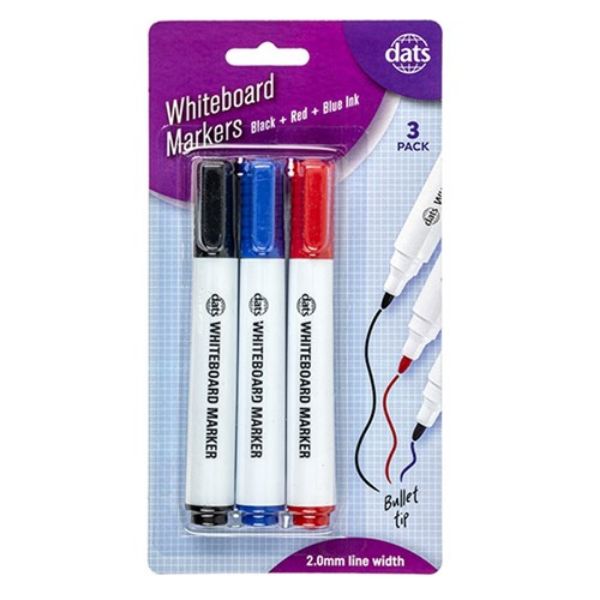 Picture of Dats Whiteboard Markers, 2mm Bullet Tip, 3-Pack with Black, Blue & Red