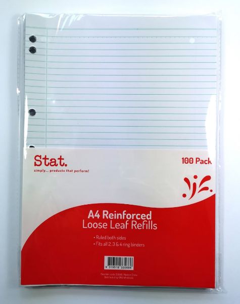 Picture of Stat A4 Reinforced Loose Leaf Refills, Ruled, 100 Sheets